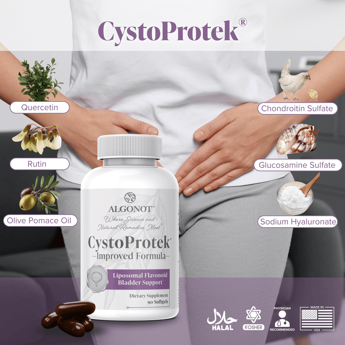 CystoProtek supplement bottle with ingredients labeled on a purple background