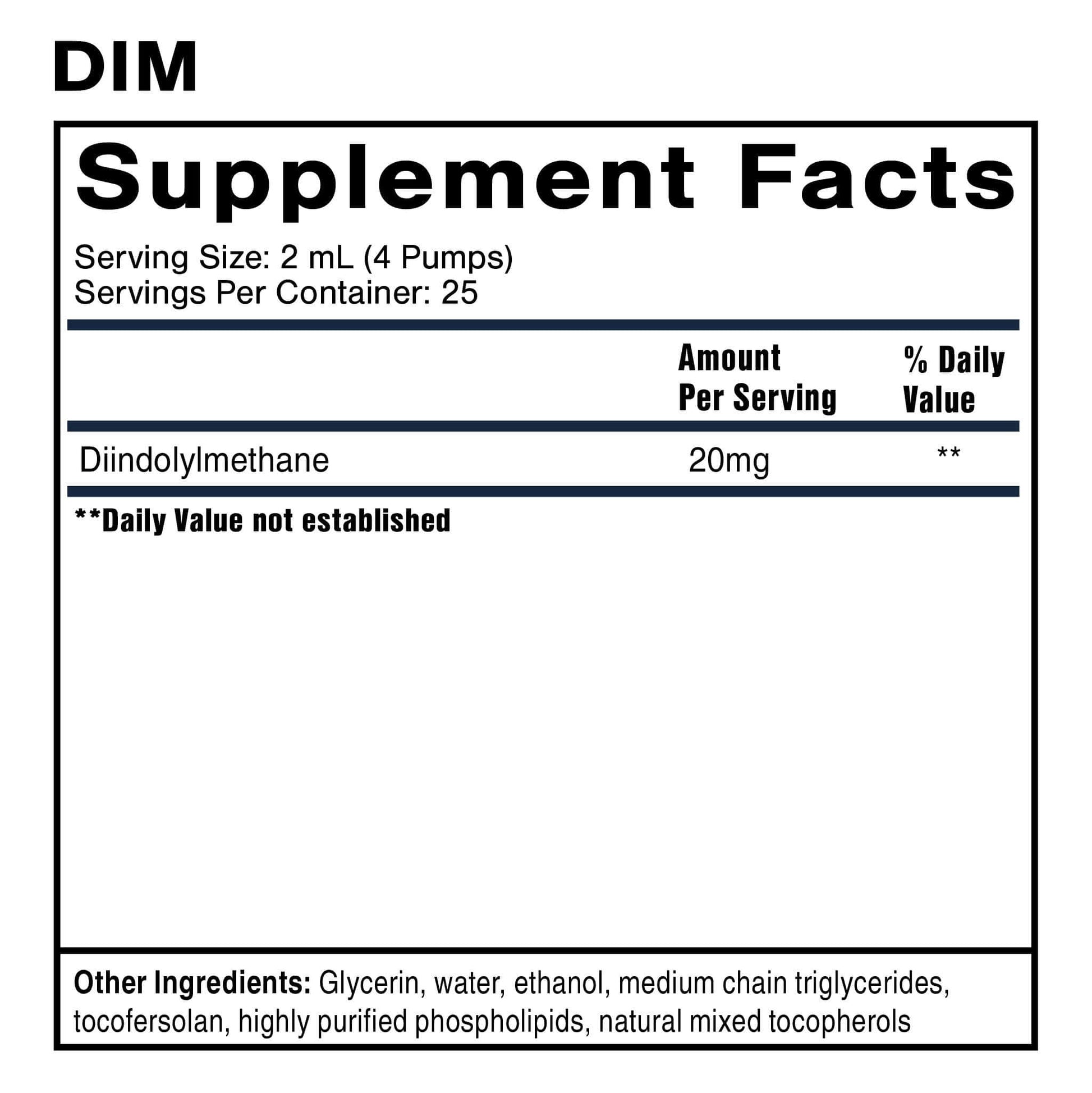 Supplement facts label for DIM featuring Nanoemulsified Diindolylmethane, serving size and ingredients overview.