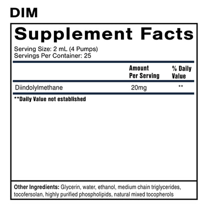 Supplement facts label for DIM featuring Nanoemulsified Diindolylmethane, serving size and ingredients overview.