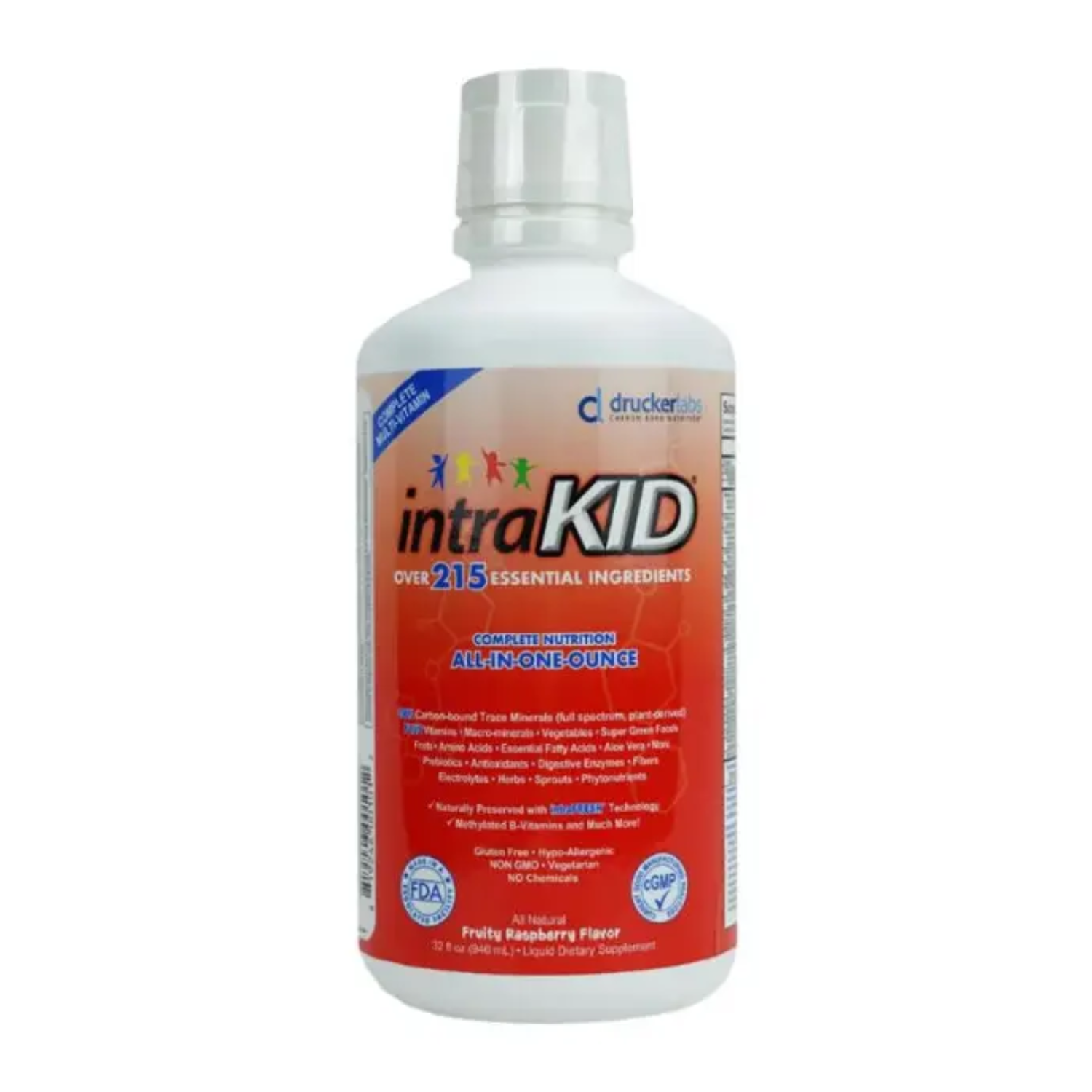 Bottle of Drucker Labs intraKID supplement on a white background