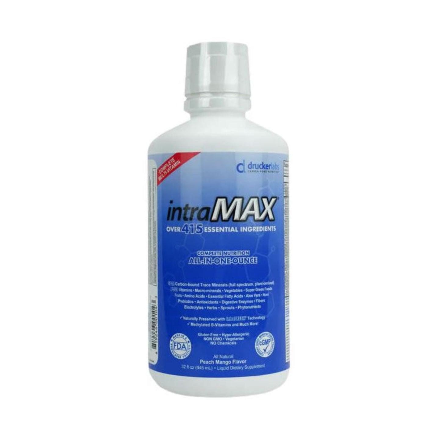 Drucker Labs Intramax Peach Mango Flavor supplement bottle on a white background