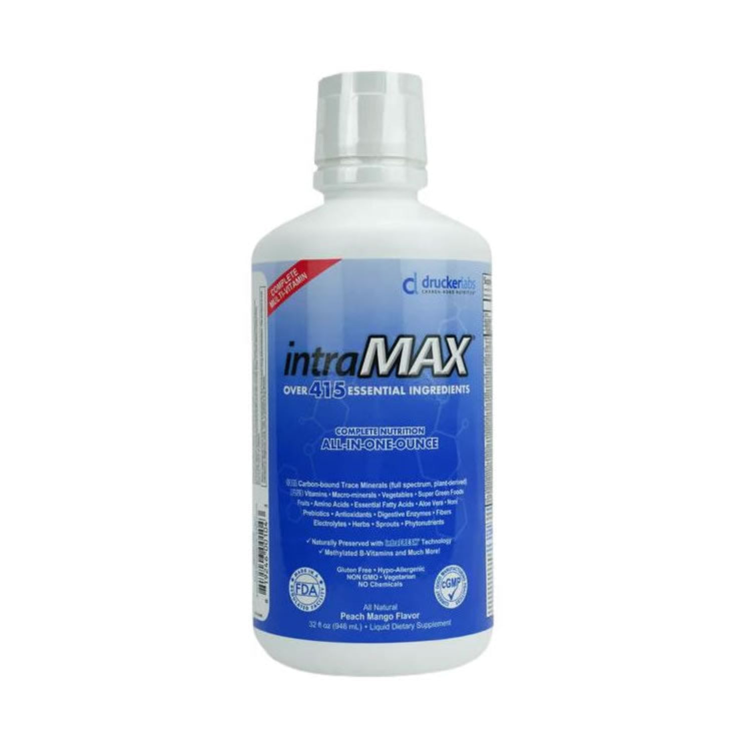 Drucker Labs Intramax Peach Mango Flavor supplement bottle on a white background