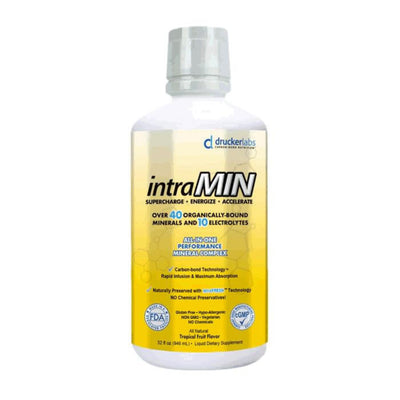 Bottle of Drucker Labs intraMIN Tropical Fruit mineral supplement with yellow label on a white background