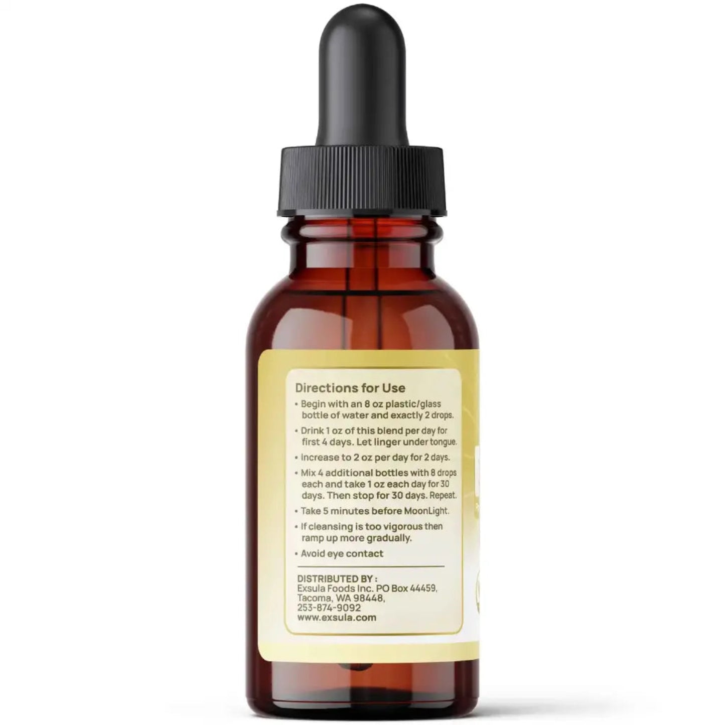 Brown glass dropper bottle with a label on a white background