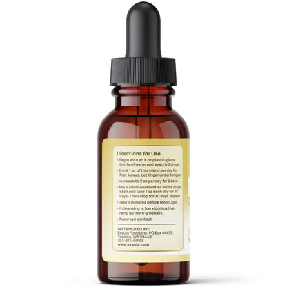 Brown glass dropper bottle with a label on a white background