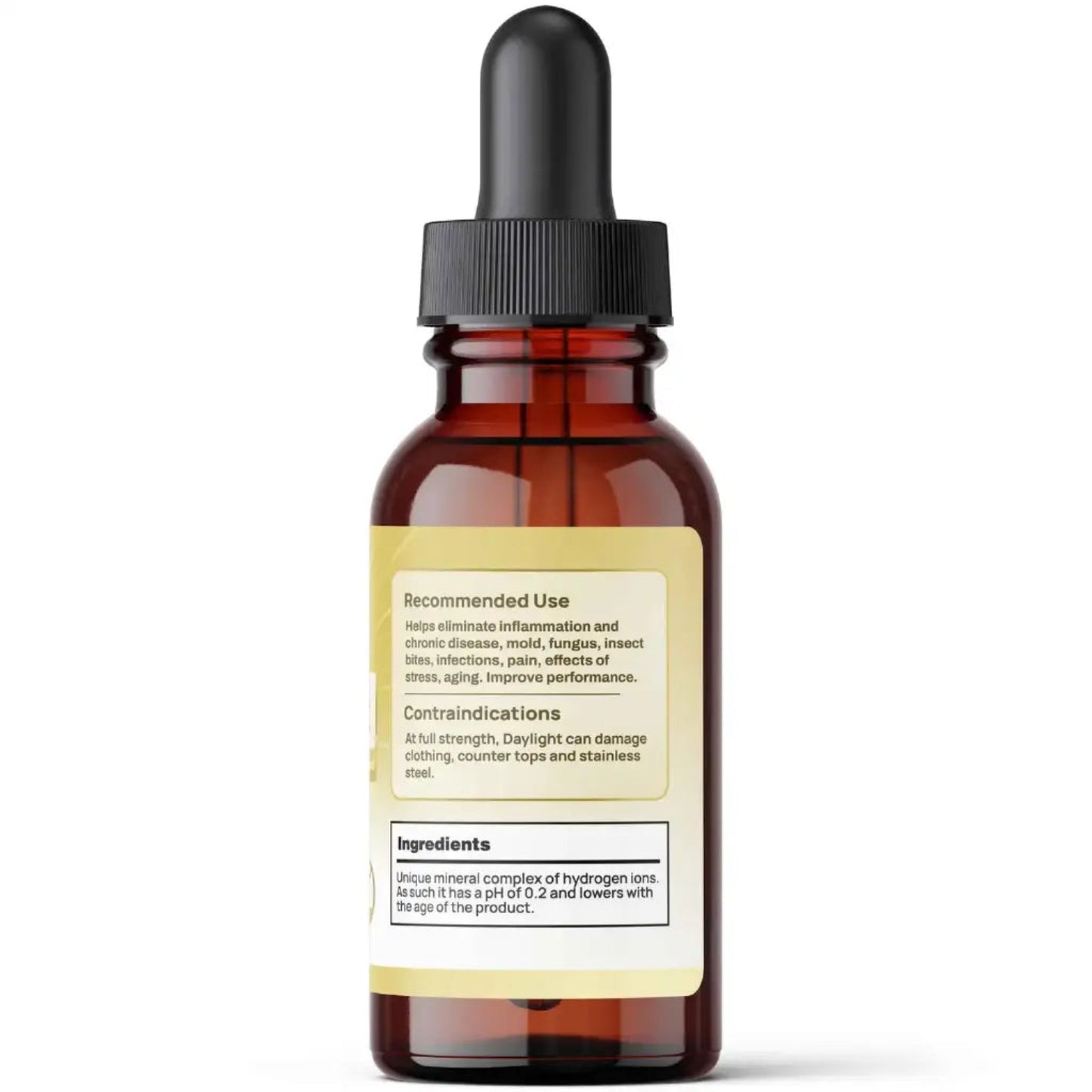 Brown glass dropper bottle with a label on a white background