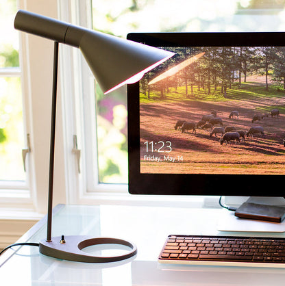 Desk setup with a lamp, computer monitor displaying a pastoral scene, and keyboard.