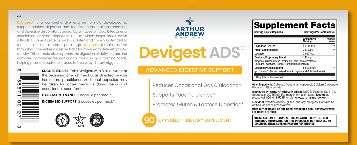 Devigest ADS label showing complete digestive enzymes for food sensitivities and supplement facts.
