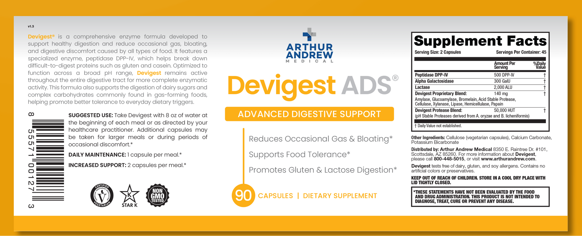 Devigest ADS label showing complete digestive enzymes for food sensitivities and supplement facts.