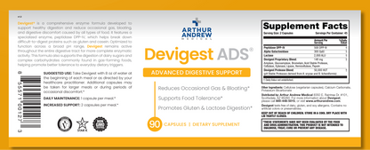 Devigest ADS label showing complete digestive enzymes for food sensitivities and supplement facts.