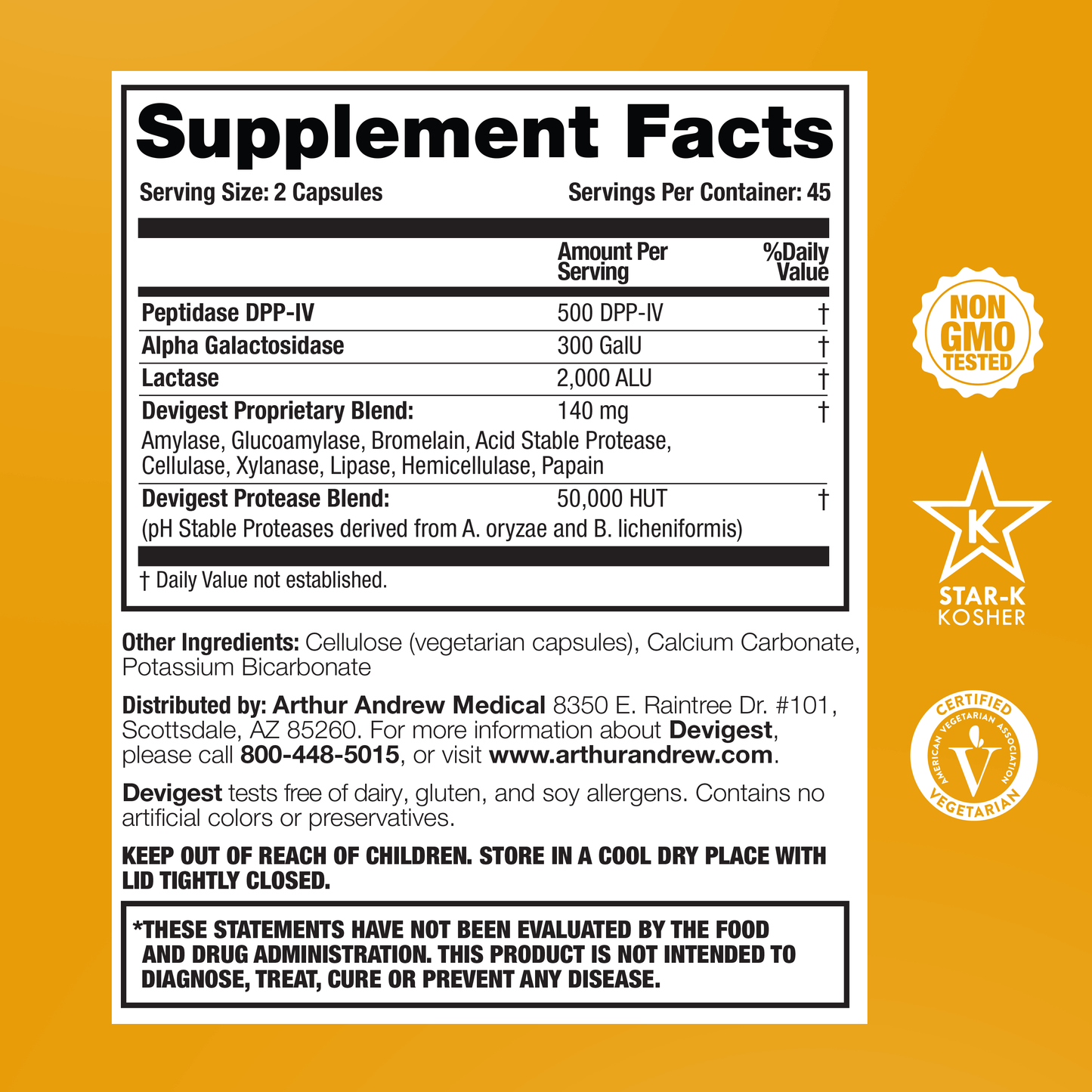 Supplement Facts for Devigest, Complete Digestive Enzymes for Food Sensitivities, showcasing ingredients and nutritional information.