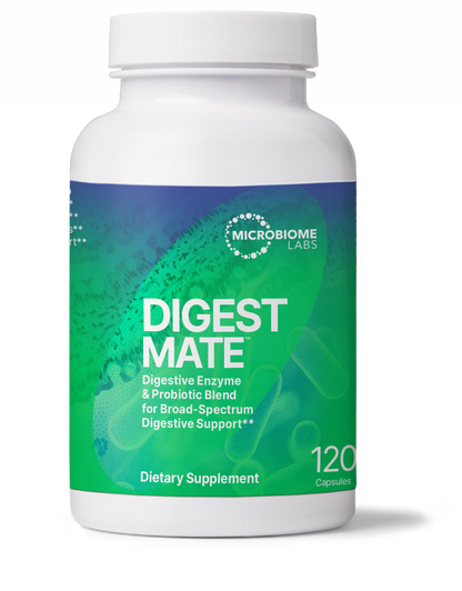 DigestMate Spore Based Probiotic and Enzyme Blend bottle from Microbiome Labs for digestive support