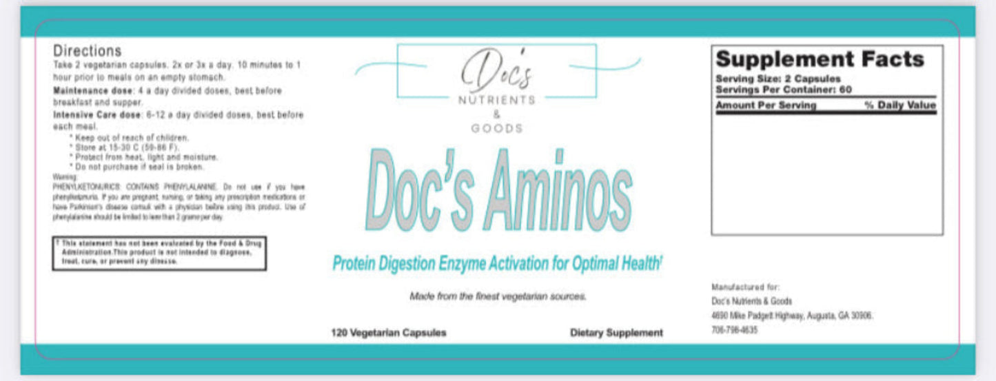 Supplement label for 'Doc's Aminos' with text and branding details.