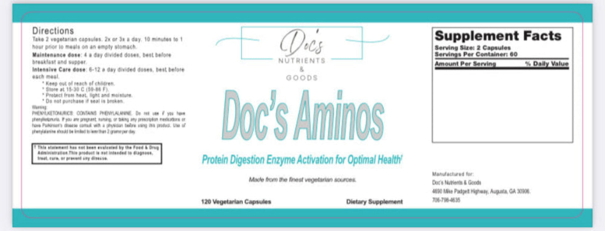 Supplement label for 'Doc's Aminos' with text and branding details.