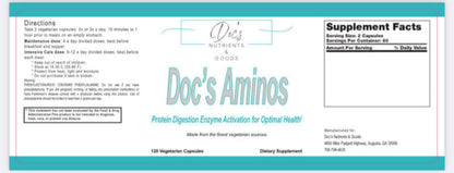 Supplement label for 'Doc's Aminos' with text and branding details.