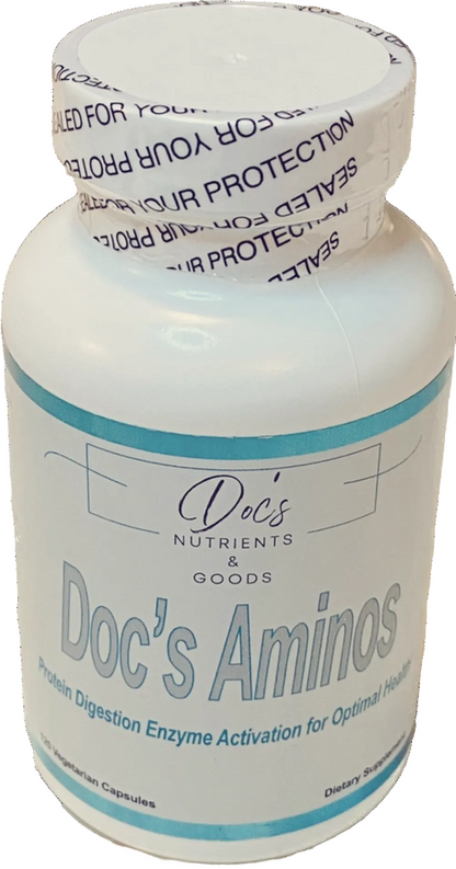Bottle of 'Doc's Aminos' with a white label on a white background