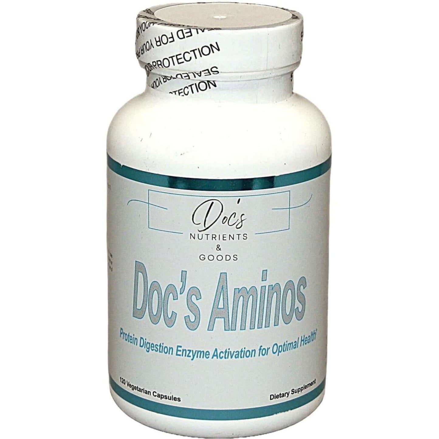 white supplement bottle labeled 'Doc's Aminos' on a white background