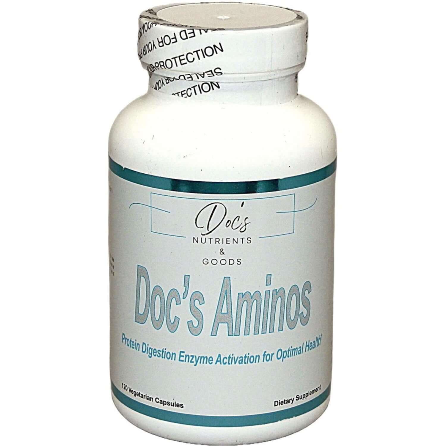 white supplement bottle labeled 'Doc's Aminos' on a white background