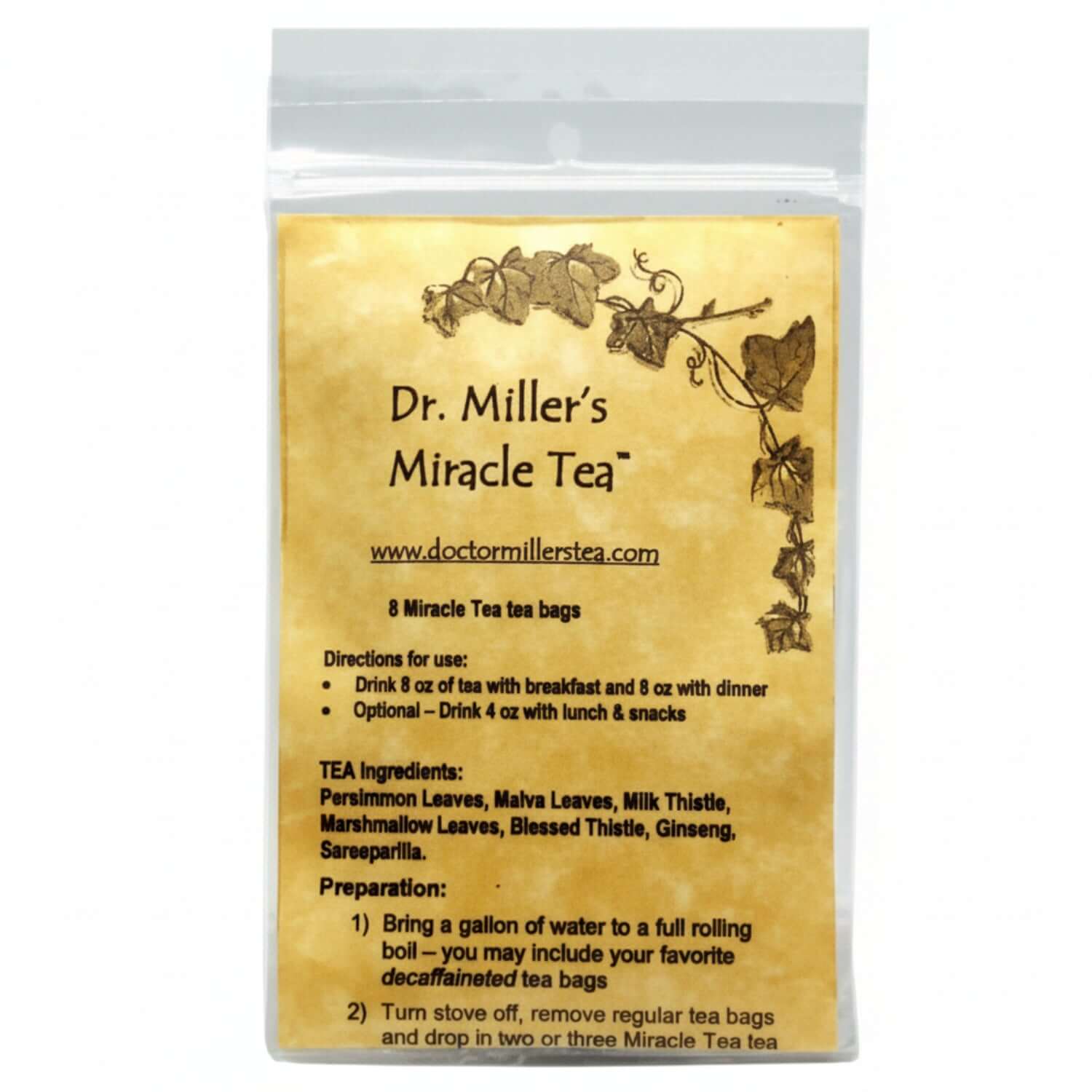 Dr. Miller's Miracle Tea packaging with instructions and ingredients for Natural Colon and Liver Detox