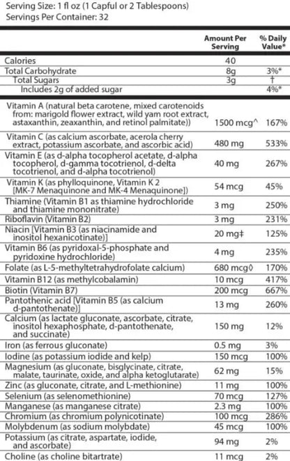 Nutritional label with detailed information on vitamins, minerals, and other nutrients per serving.