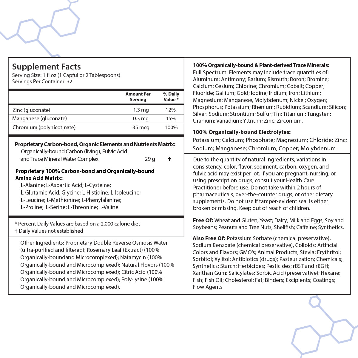 intraMIN Organic Liquid Trace Minerals Supplement Facts panel showing ingredients and nutritional values.