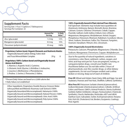 intraMIN Organic Liquid Trace Minerals Supplement Facts panel showing ingredients and nutritional values.