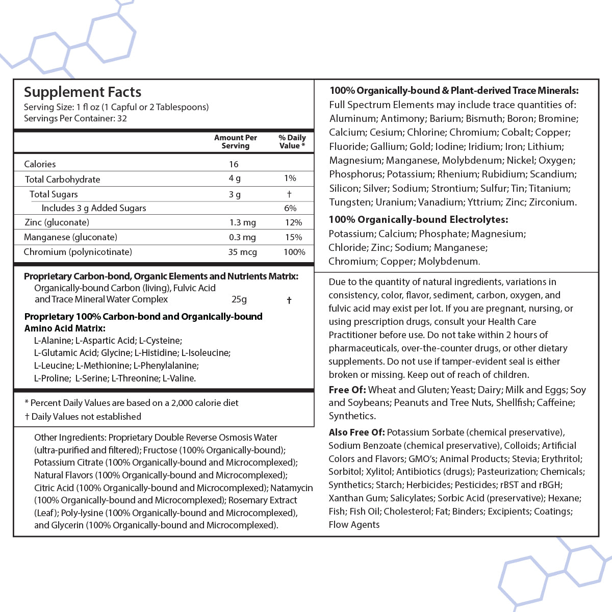 Supplement facts for intraMIN - Organic Liquid Trace Minerals, showcasing trace minerals and proprietary formulas.