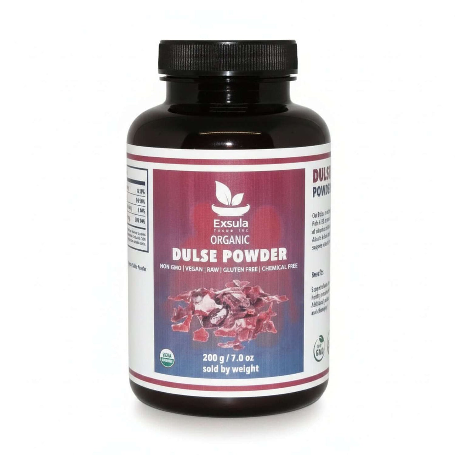 Exsula Organic Dulse Powder Superfood bottle, 200g, non-GMO, vegan, gluten-free, chemical-free.