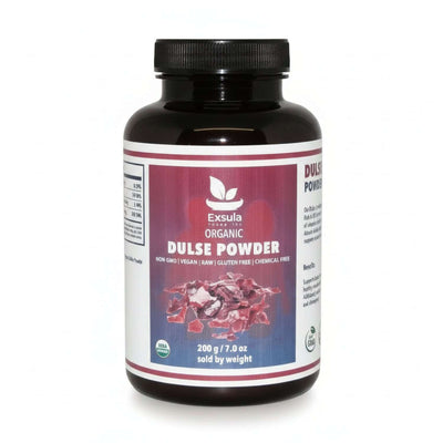 Exsula Organic Dulse Powder Superfood bottle, 200g, non-GMO, vegan, gluten-free, chemical-free.