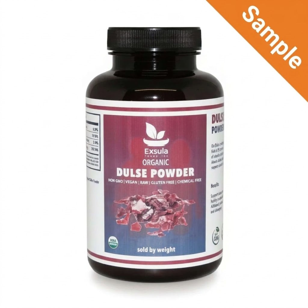 Exsula Organic Dulse Powder Superfood bottle, non-GMO, vegan, gluten-free, chemical-free.