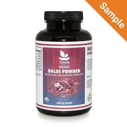 Exsula Organic Dulse Powder Superfood bottle, non-GMO, vegan, gluten-free, chemical-free.