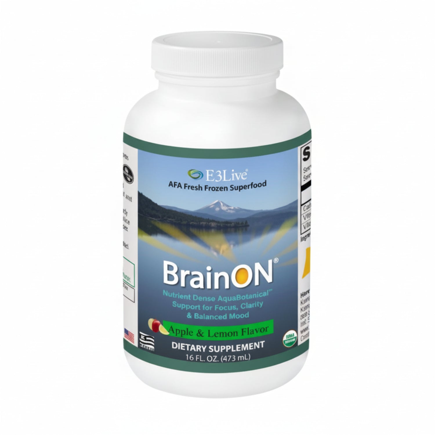 white container with teal and white label with E3Live logo, AFA Fresh Frozen Superfood, BrainON with sun inside the letter O, nutrient dense AquaBotanical support for focus, clarity & balanced mood, Apple & Lemon Flavor dietary supplement, 16oz,background image of mountains and lake reflection