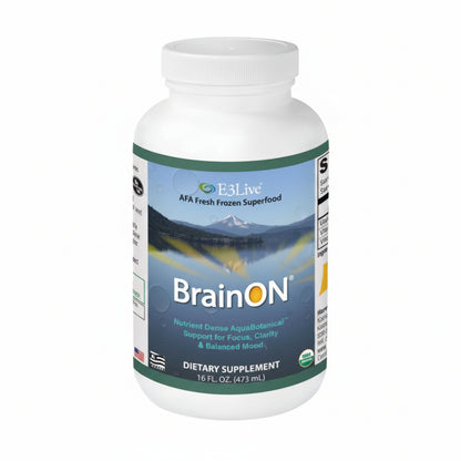 white container with teal and white label with E3Live logo, AFA Fresh Frozen Superfood, BrainON with sun inside the letter O, nutrient dense AquaBotanical support for focus, clarity & balanced mood, dietary supplement, 16oz,background image of mountains and lake reflection