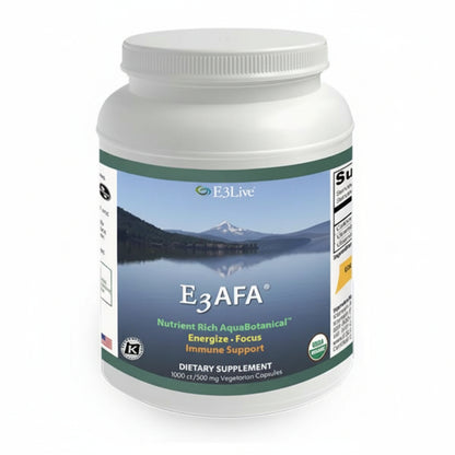 white supplement container labeled 'E3AFA' with a scenic label on a white background