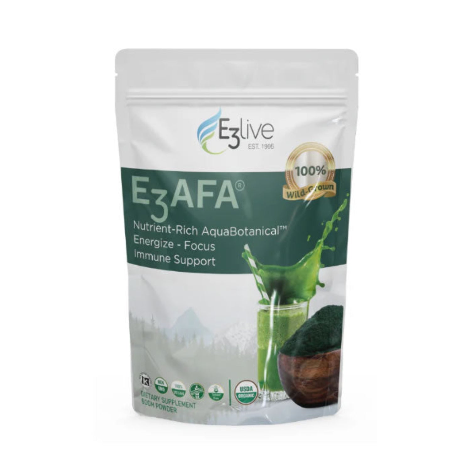 white resealable package of E3AFA with E3live branding on a white background