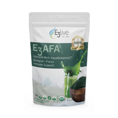 white resealable package of E3AFA with E3live branding on a white background