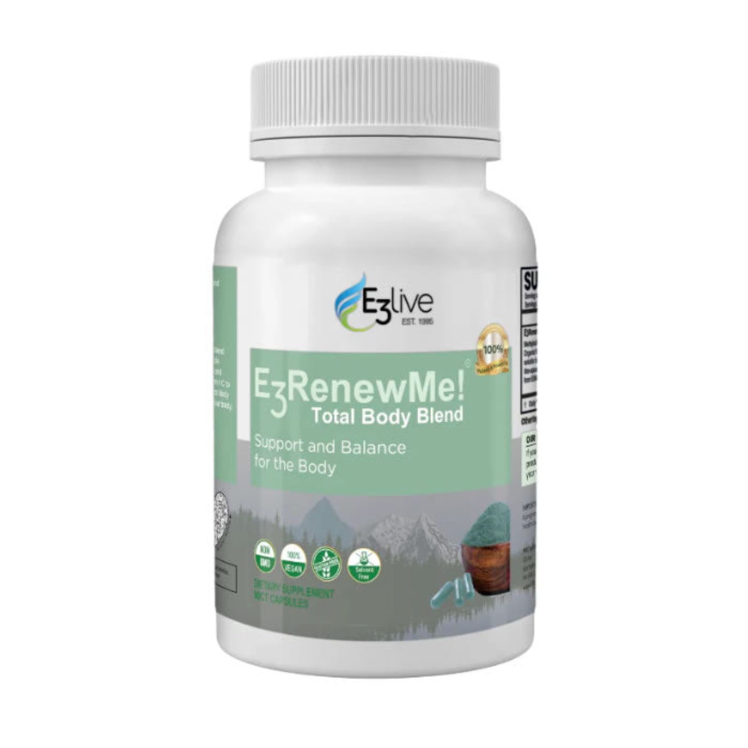 white supplement bottle of E3Live E3RenewMe Total Body Blend supplement bottle on a white background