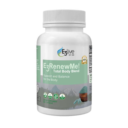 white supplement bottle of E3Live E3RenewMe Total Body Blend supplement bottle on a white background