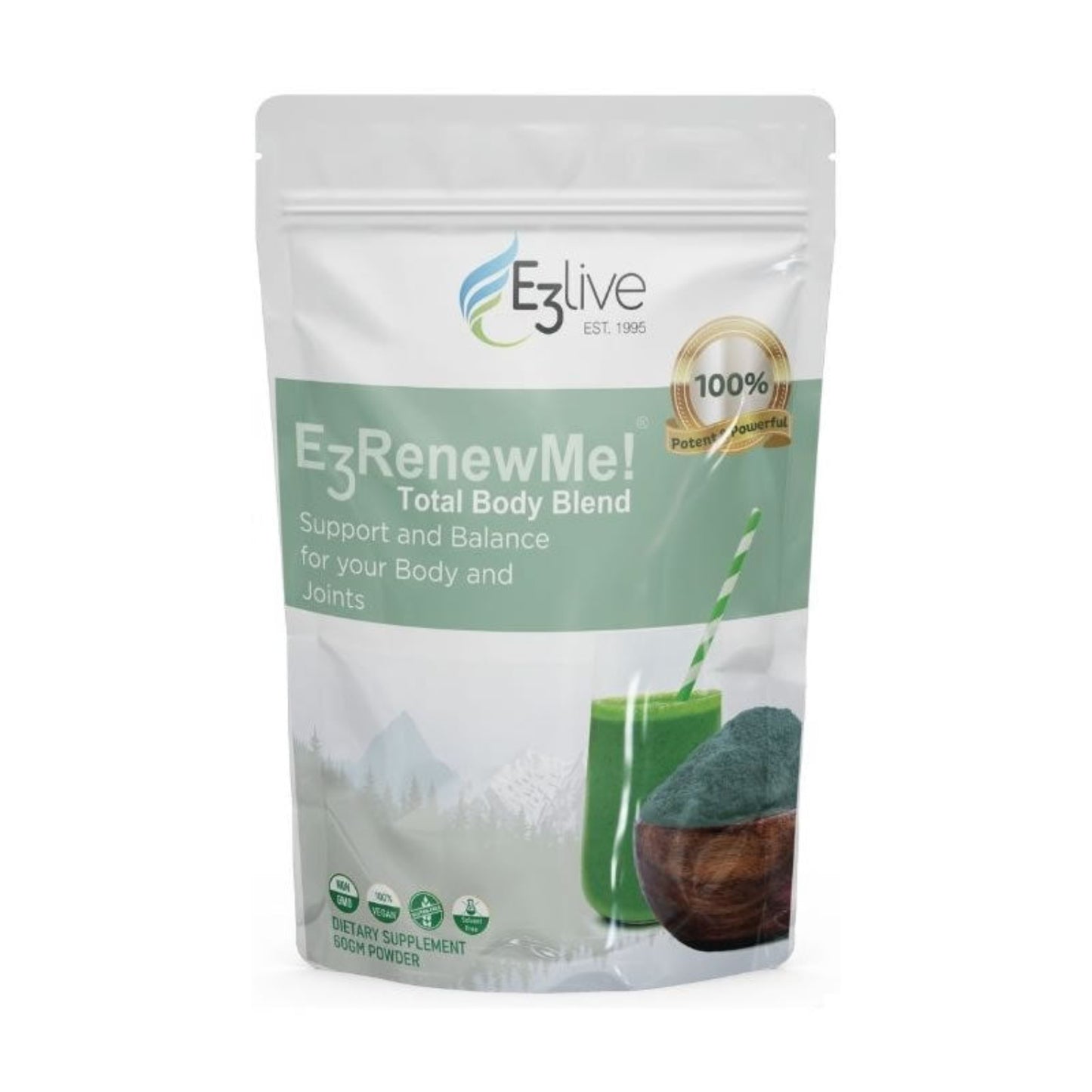 white resealable package of E3live E3RenewMe Total Body Blend on a white background