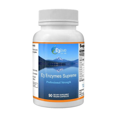 white supplement bottle labeled 'E3 Enzymes Supreme' with a scenic label design on a white background