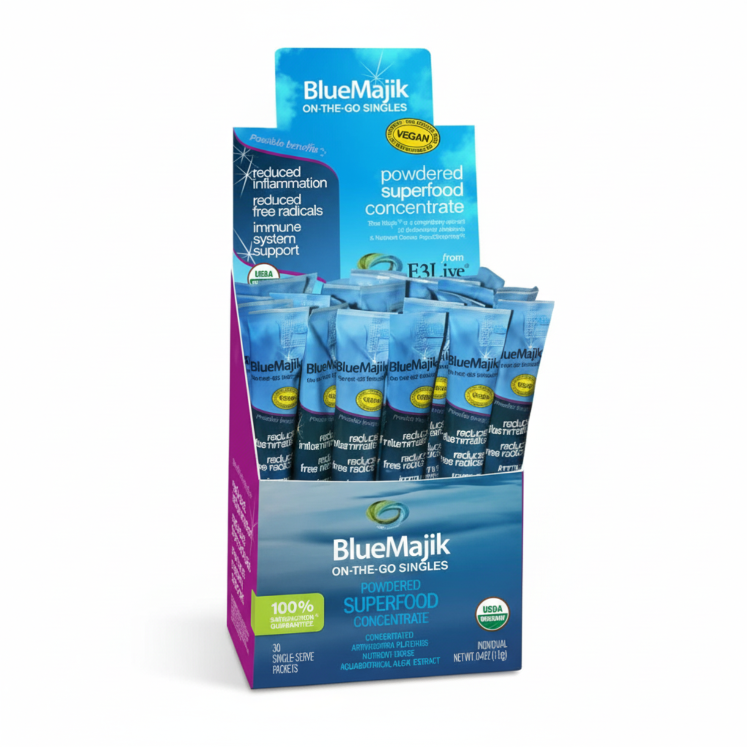 blue display open box of single servings, Blue Majik on -the-go singles powdered superfood concentrate, USDA rganic