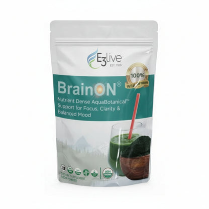 white resealable package with teal and white label with E3Live logo, BrainON with sun inside the letter O, 100% wild grown, nutrient dense AquaBotanical support for focus, clarity & balanced mood, background image of mountains and lake reflection, with green powder and drink in foreground