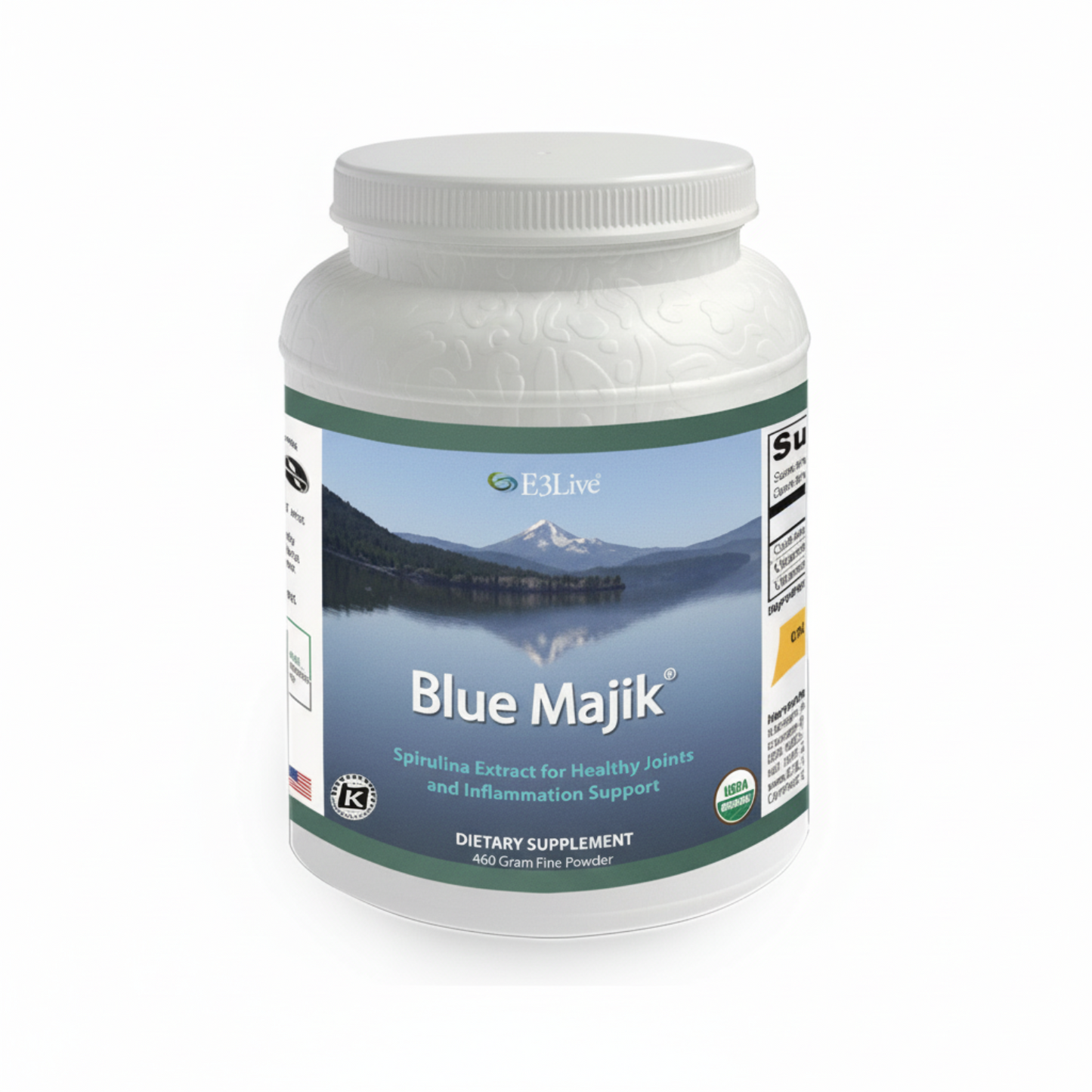 white jar and lid, label picture of blue lake and mountain beyond, E3Live Blue Majik, blue spirulina extract for healthy  joints and inflammation support, USDA Organic, dietary supplement, 460gm powder