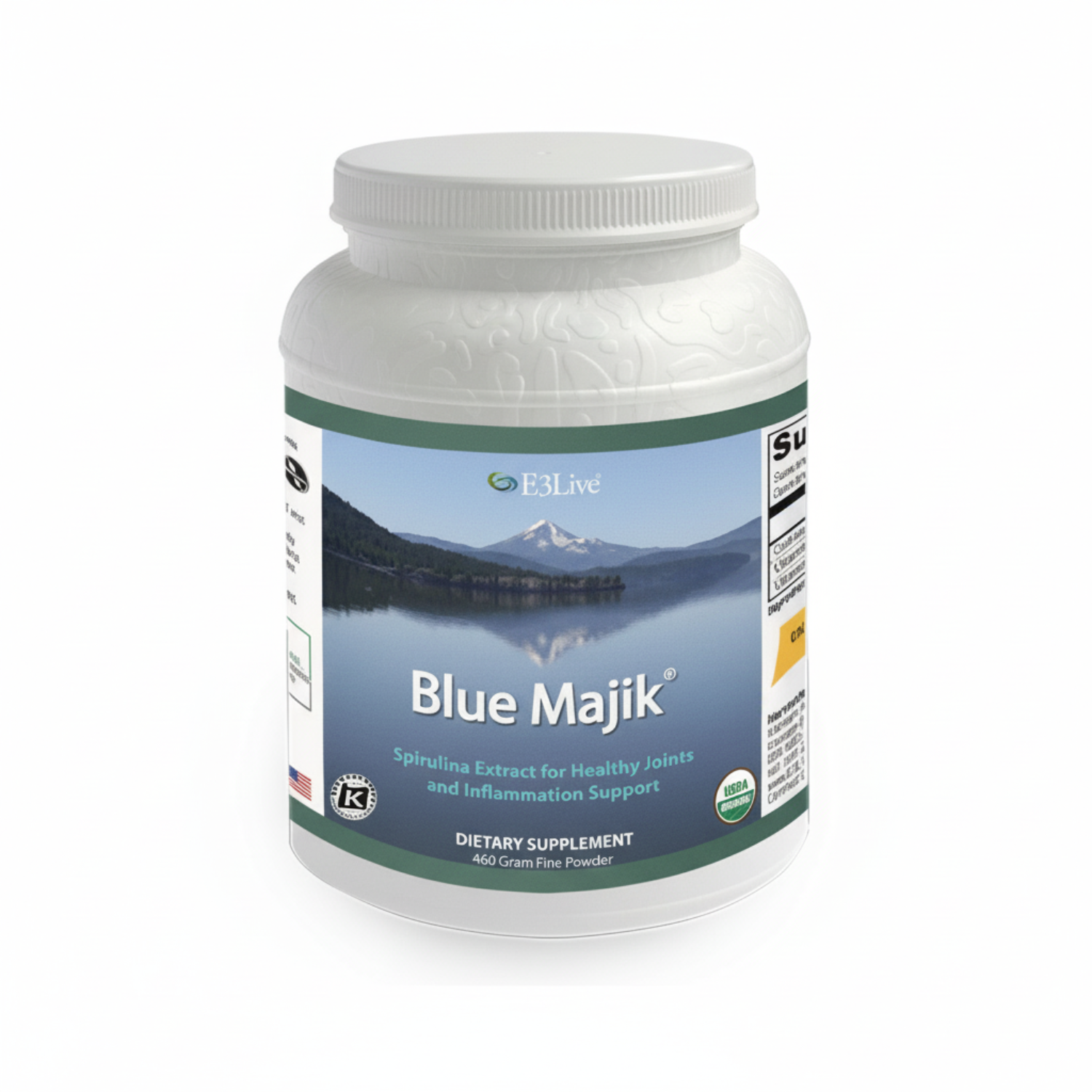 white jar and lid, label picture of blue lake and mountain beyond, E3Live Blue Majik, blue spirulina extract for healthy  joints and inflammation support, USDA Organic, dietary supplement, 460gm powder