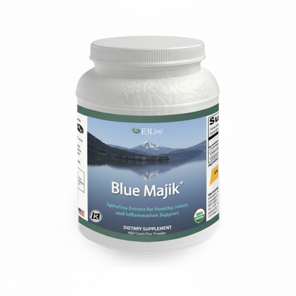 white jar and lid, label picture of blue lake and mountain beyond, E3Live Blue Majik, blue spirulina extract for healthy  joints and inflammation support, USDA Organic, dietary supplement, 460gm powder