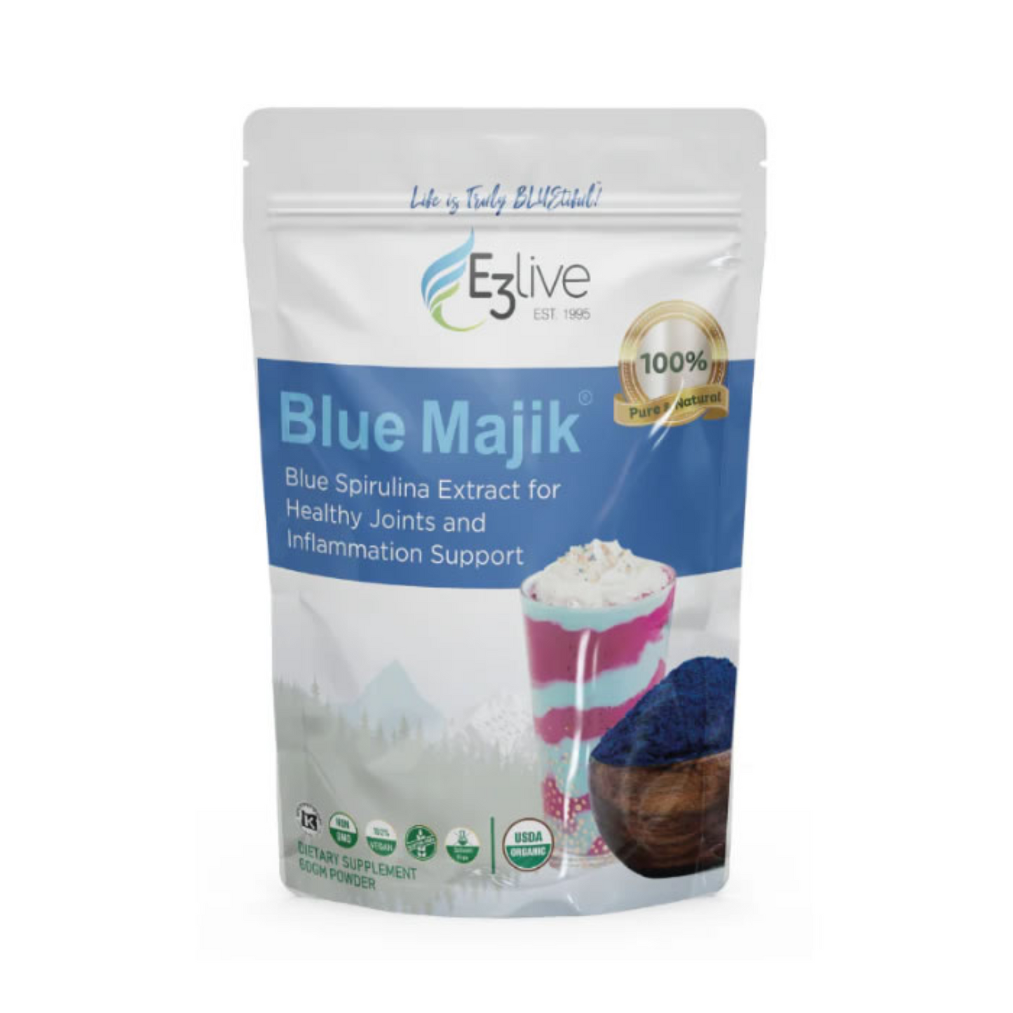 White resealable package with blue text, smoothie and bowl of blue powder, E3Live Blue Majik, blue spirulina extract for healthy  joints and inflammation support, USDA Organic, dietary supplement, 60gm powder