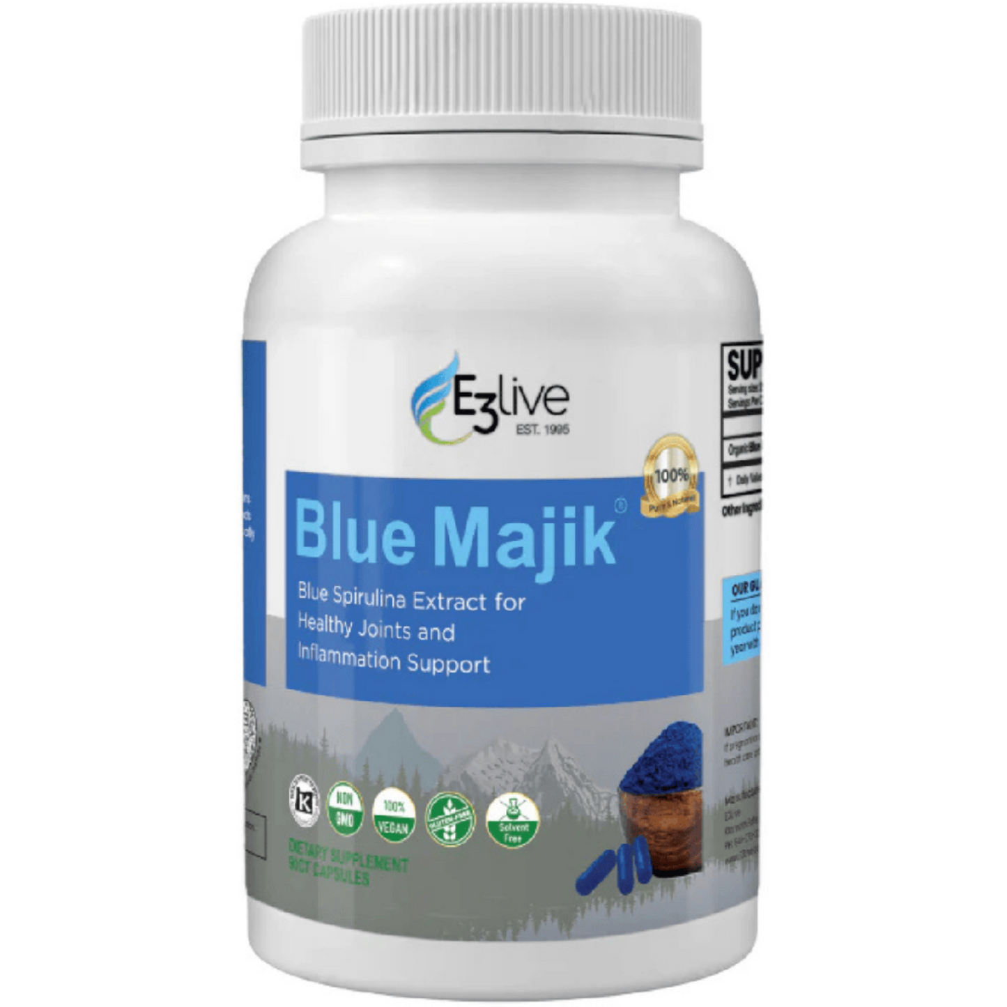 white jar and lid, label picture of mountains and blue powder and capsules, E3Live Blue Majik, blue spirulina extract for healthy  joints and inflammation support, USDA Organic