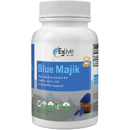 white jar and lid, label picture of mountains and blue powder and capsules, E3Live Blue Majik, blue spirulina extract for healthy  joints and inflammation support, USDA Organic