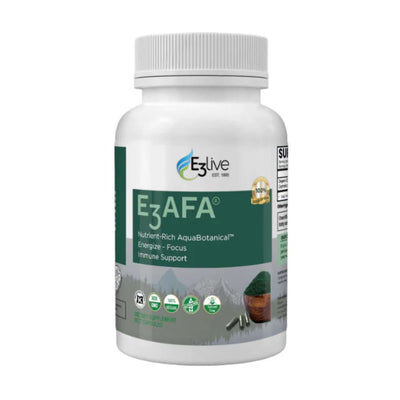 white supplement bottle of E3 AFA with E3Live branding on a white background