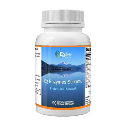 white supplement bottle labeled 'E3 Enzymes Supreme' with a scenic label design on a white background